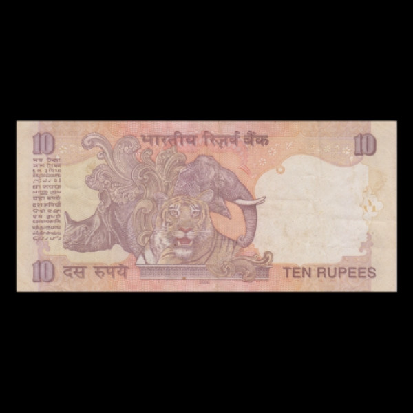 10 Indian Rupee Note Mahatma Gandhi Tiger and Elephant wildlife-Y. N. Reddy(2006)