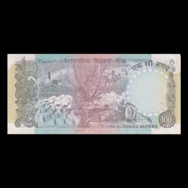 100 Indian Rupee Note Pink Mudra Note, Dam & Field -C. Rangarajan